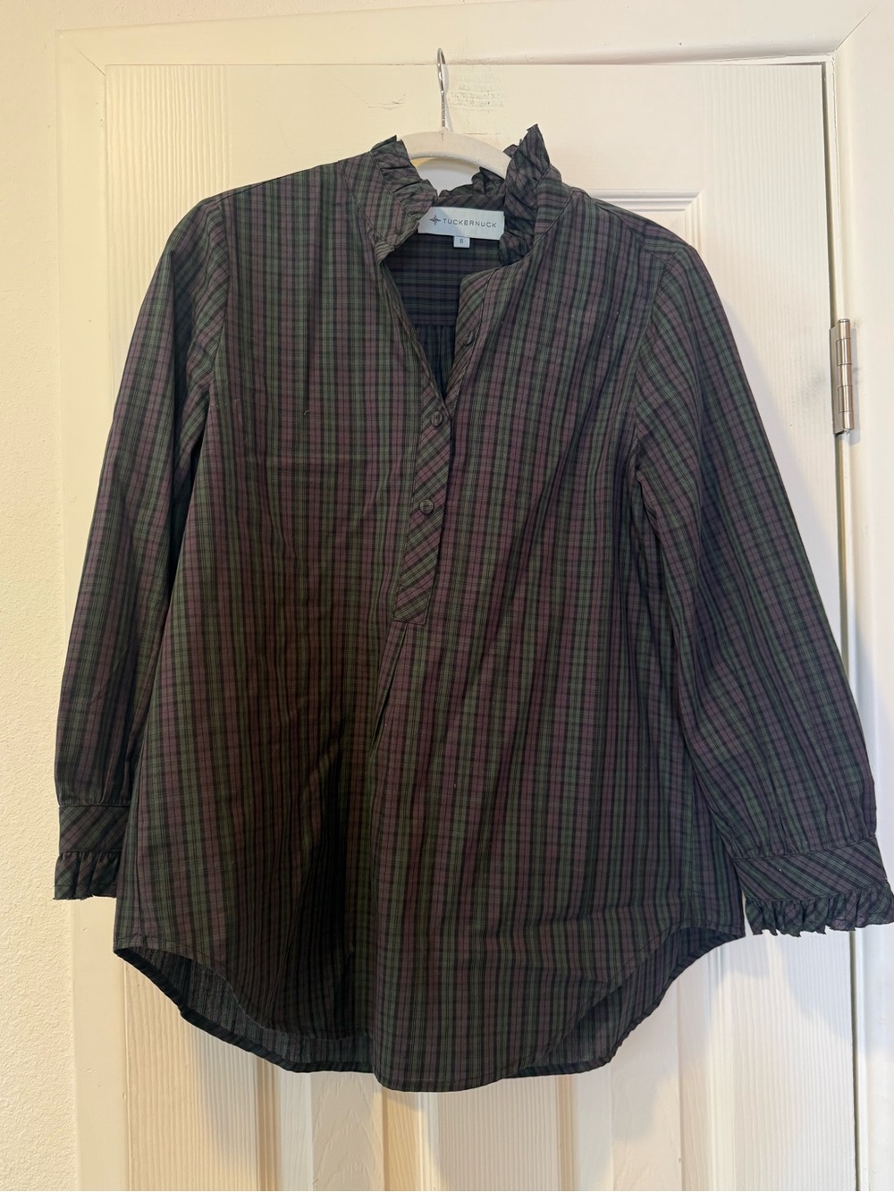 Tuckernuck Green Plaid Ruffle Collar Top